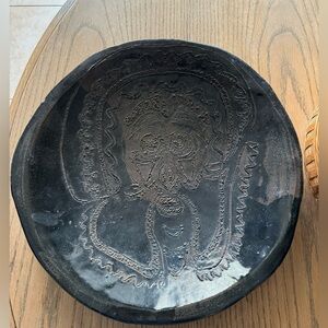 Vintage Black Glazed Pottery Plate with Abstract‎ Face Design – 13" Handmade